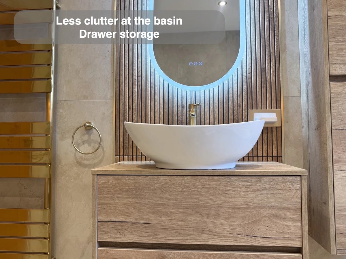 Less clutter at the basin — Drawer storage