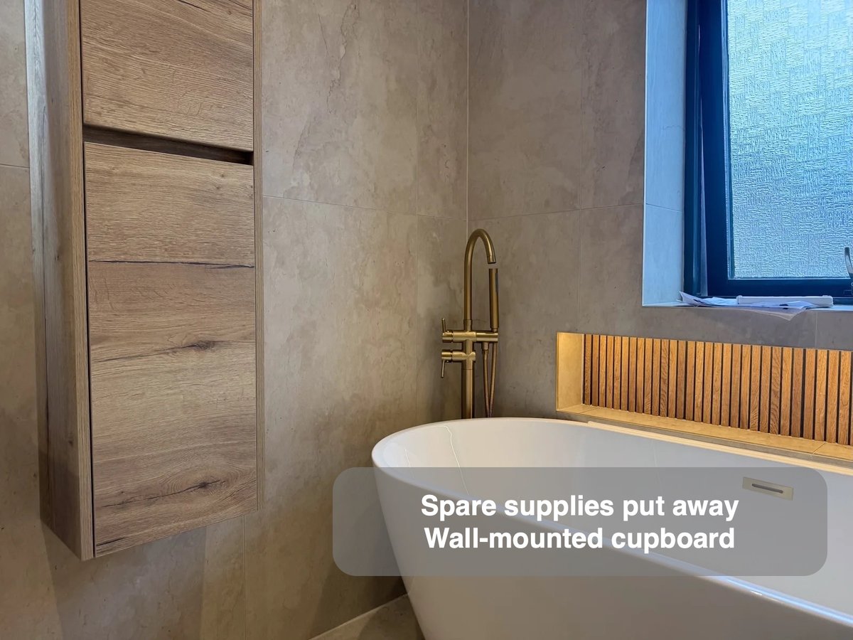 Spare supplies put away — Wall-mounted cupboard