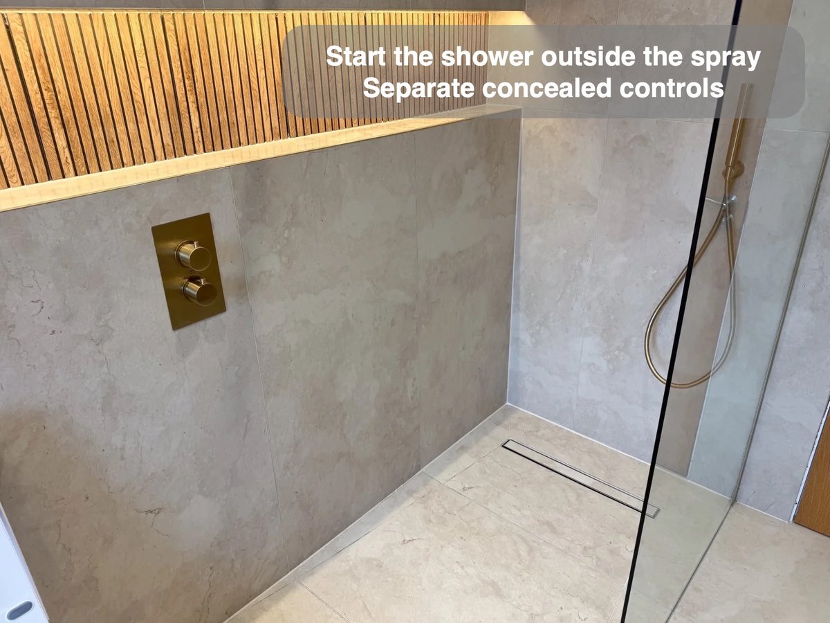 Start the shower outside the spray — Separate concealed controls