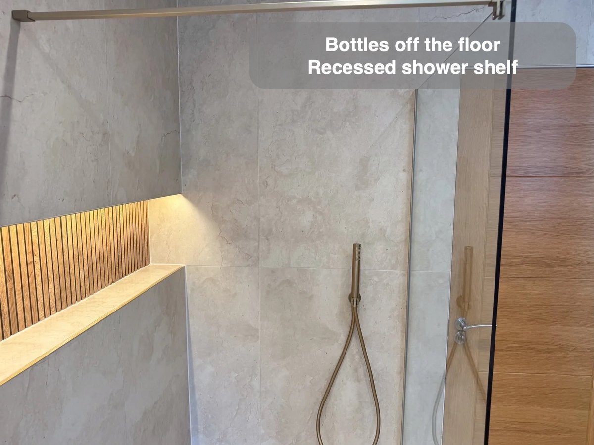 Bottles off the floor — Recessed shower shelf