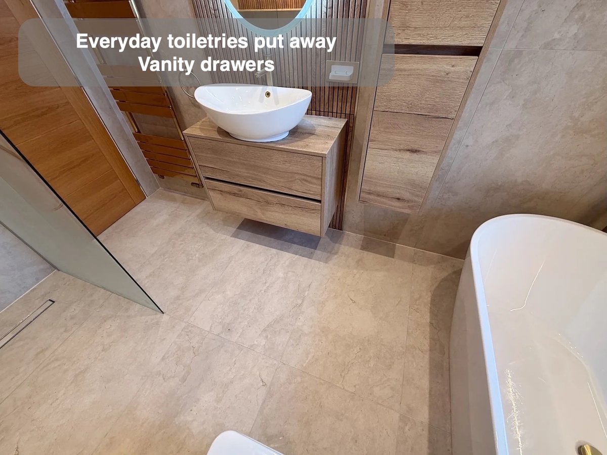 Everyday toiletries put away — Vanity drawers