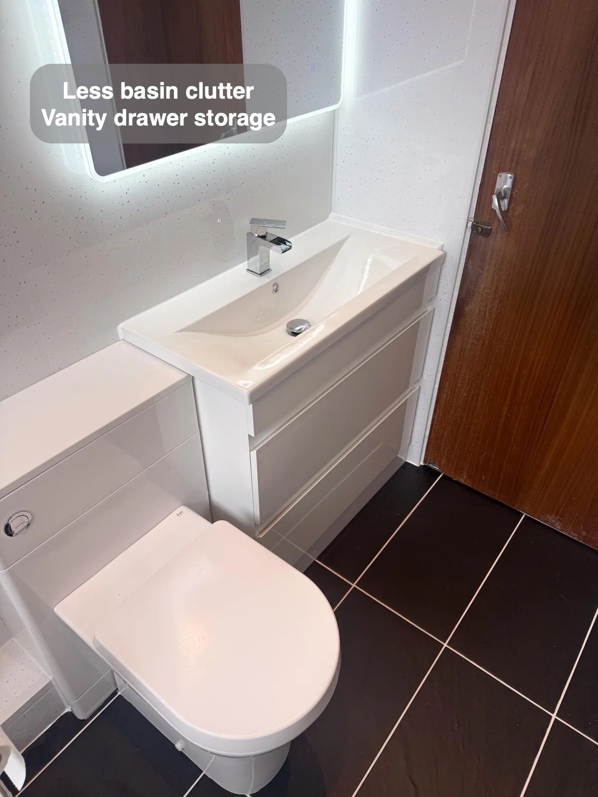 Vanity drawers and back-to-wall toilet