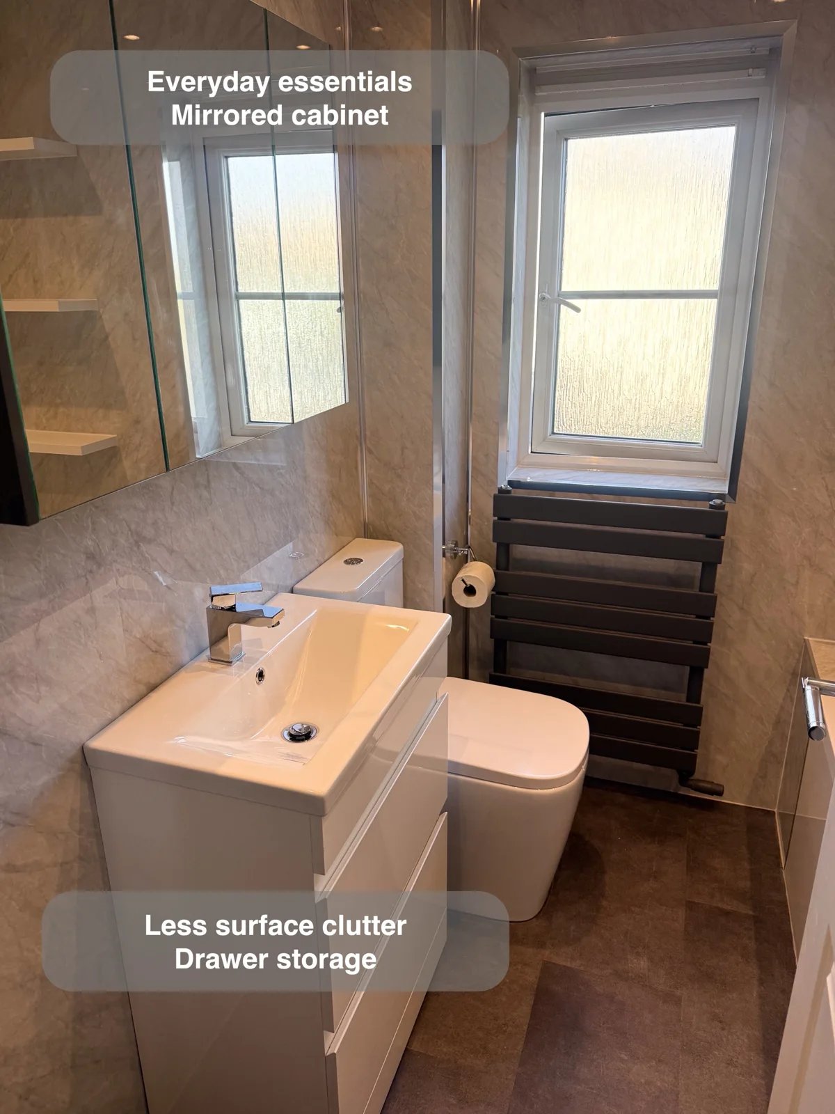Drawer vanity and mirrored cabinet