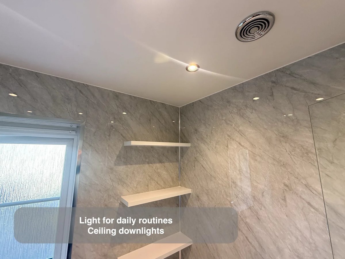 Downlights above bath-end shelves