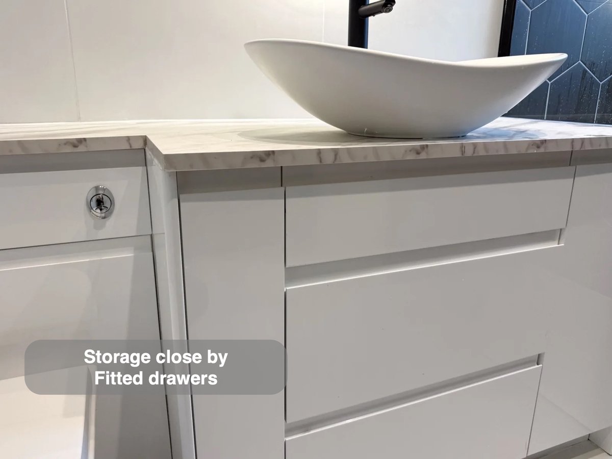Drawer fronts beneath countertop basin