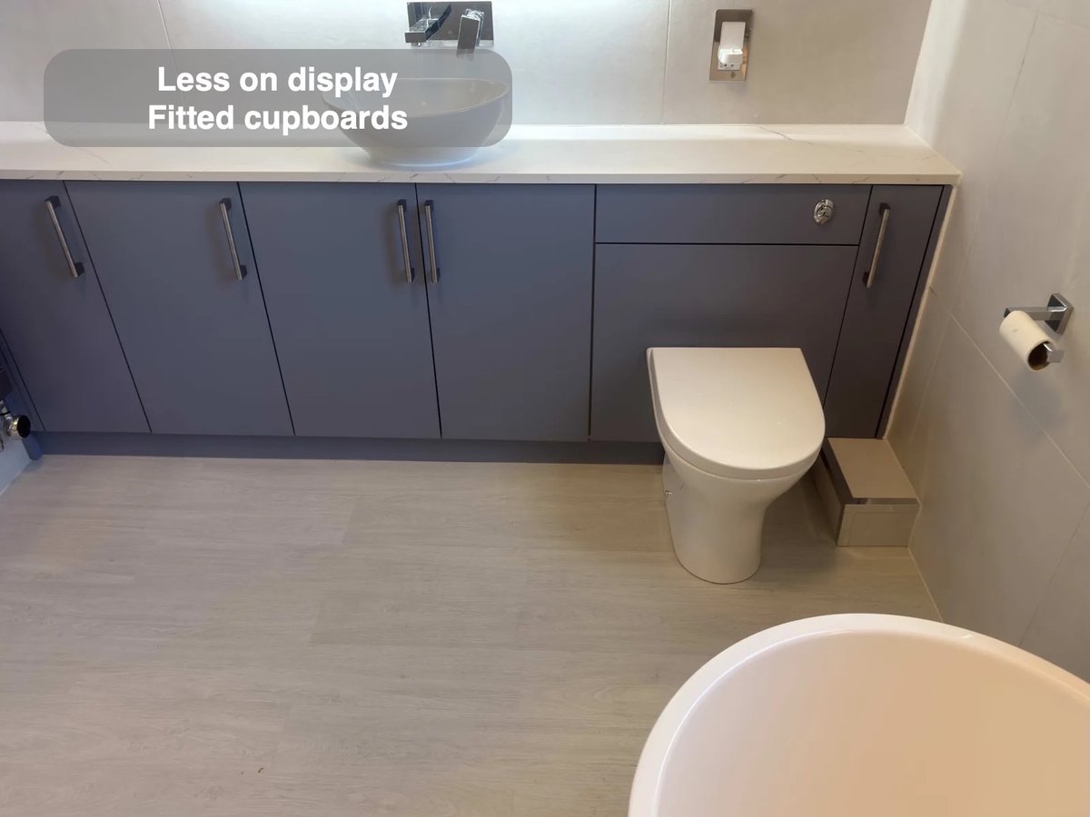 Wall-to-wall fitted storage with basin and toilet