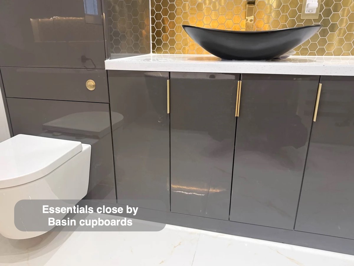 Fitted cupboards beneath black countertop basin