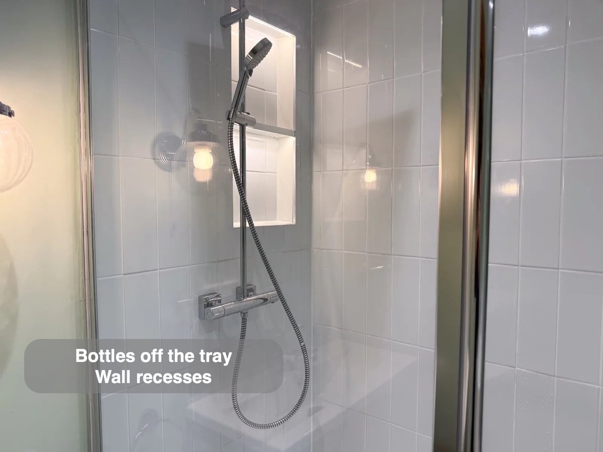 Thermostatic shower and illuminated wall storage