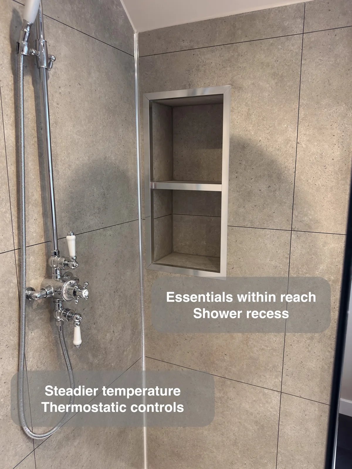Bottles within reach, without crowding the shower in the completed Balmedie bathroom