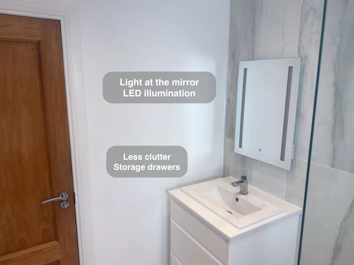Illuminated mirror above basin storage