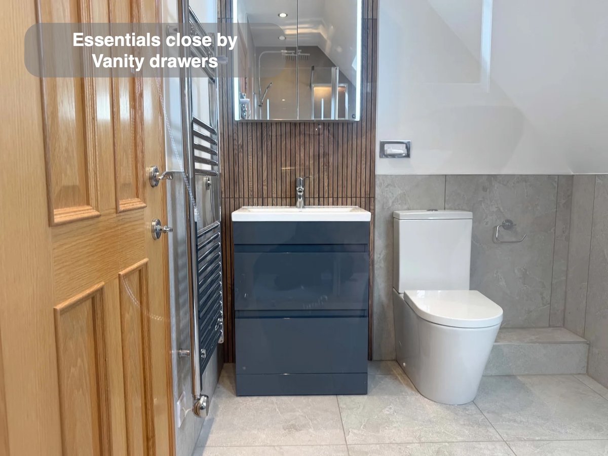 Blue vanity beside back-to-wall toilet