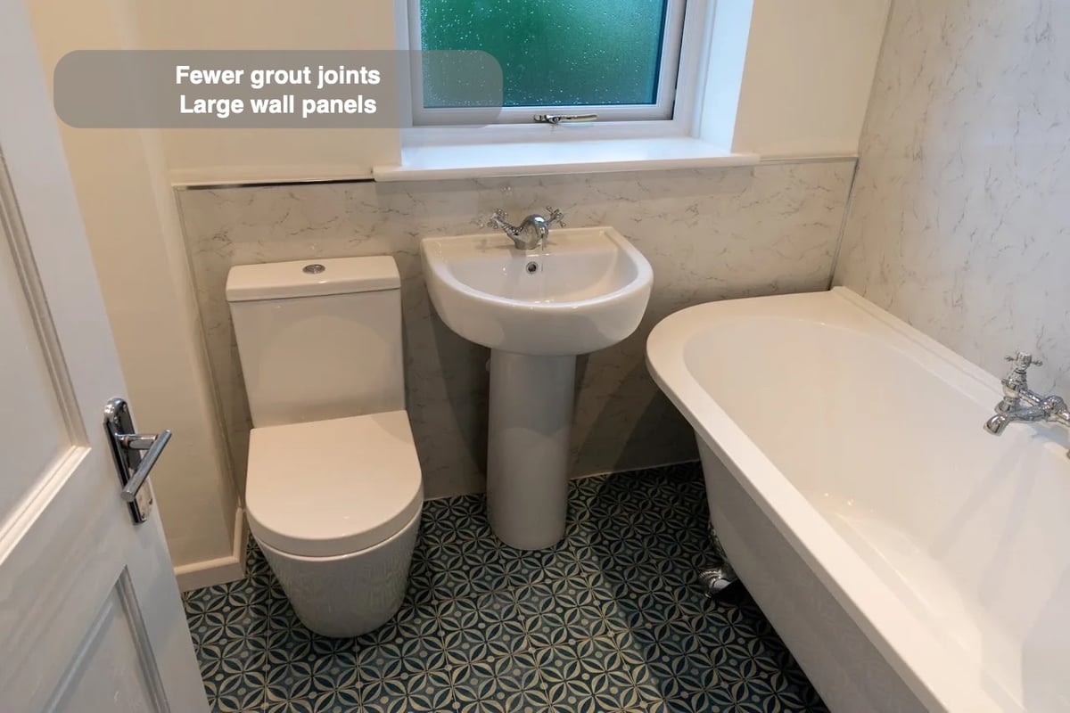 Broad surfaces for regular wiping in the completed Woodside, Aberdeen bathroom