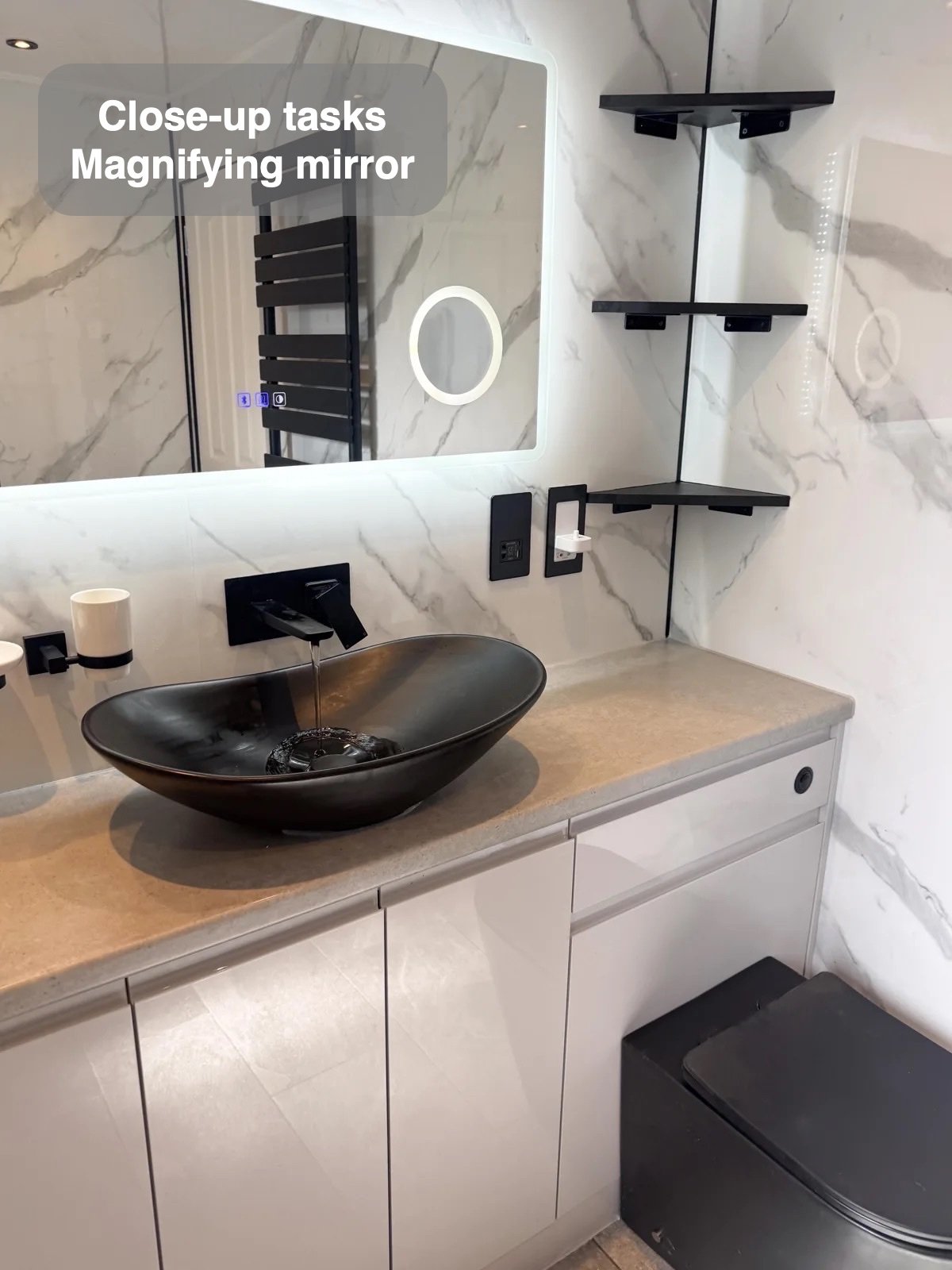 Illuminated mirror and basin with corner shelving