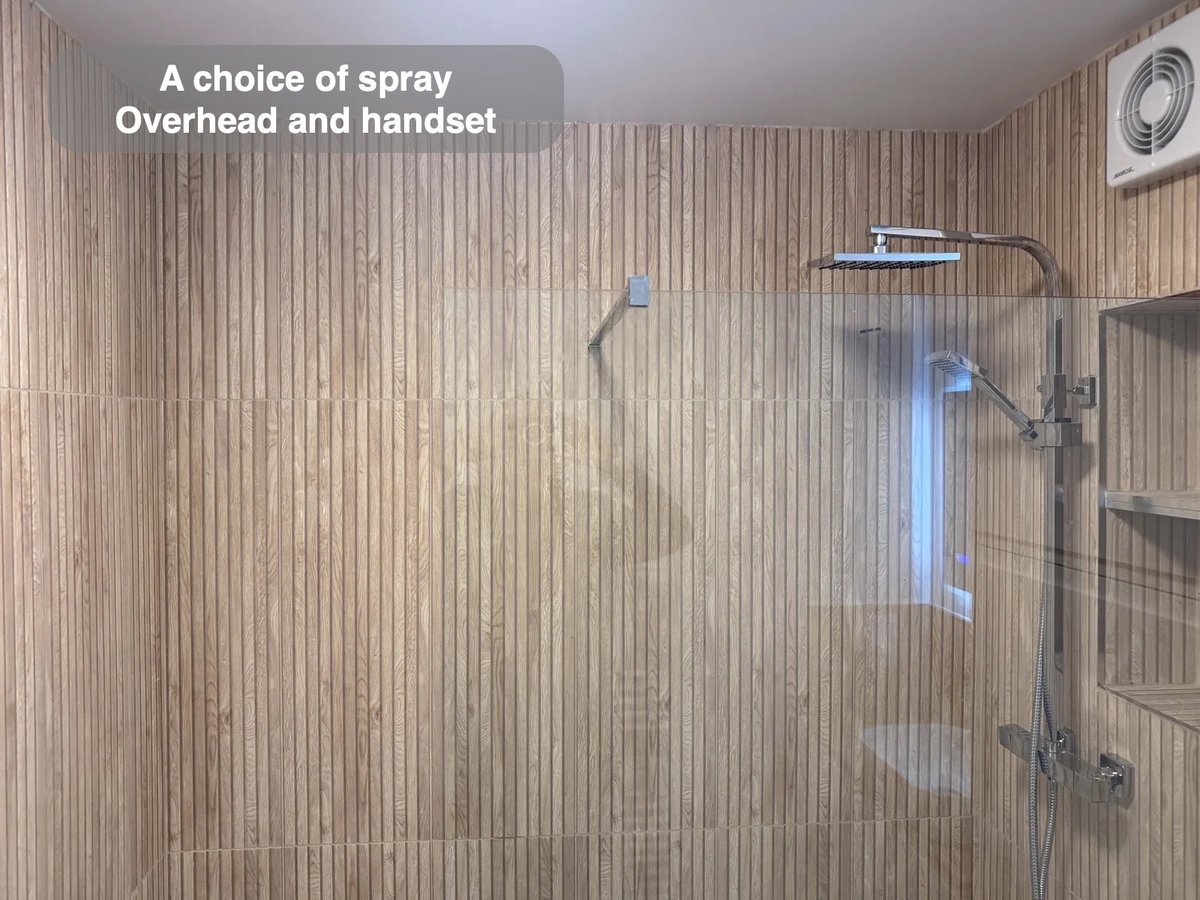 Overhead shower and wall storage behind glass