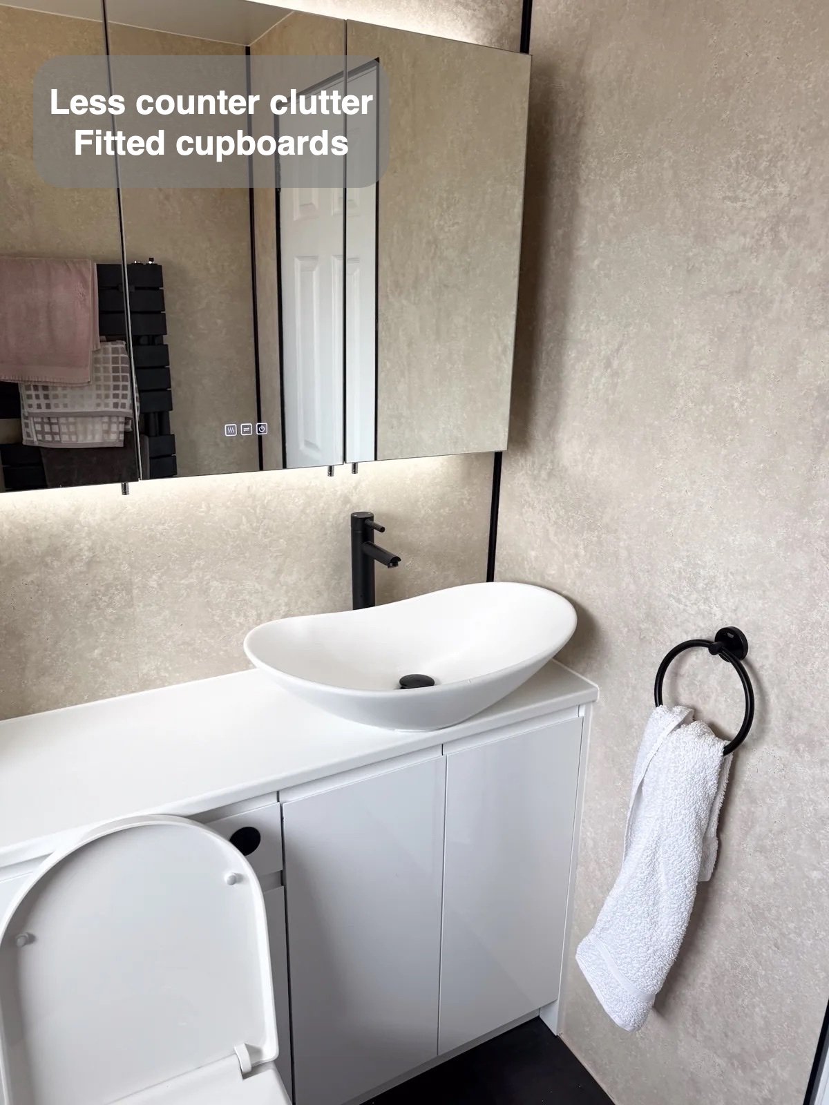 Countertop basin with fitted cupboards below