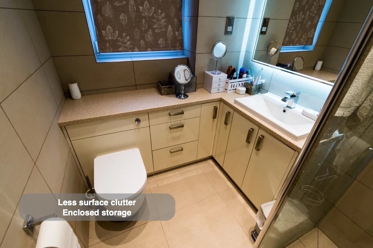 Everyday items have a home in the completed Northfield, Aberdeen bathroom