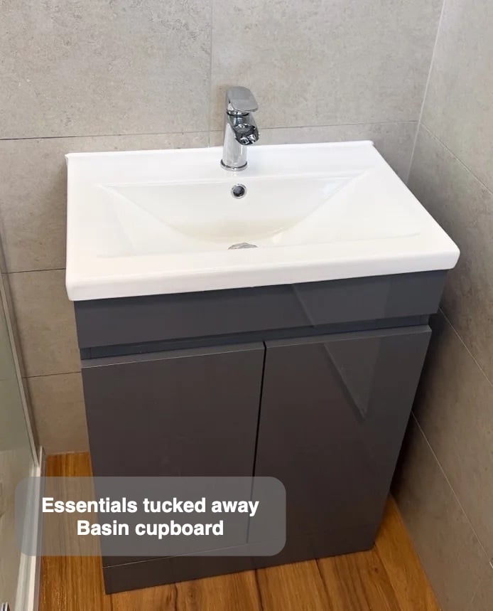 Storage close to the basin in the completed Stoneywood, Aberdeen bathroom