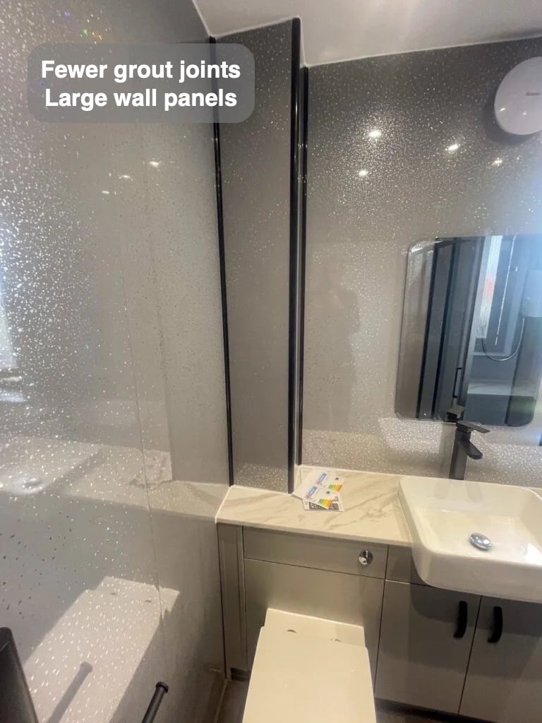 Broad surfaces for regular wiping in the completed Mastrick, Aberdeen bathroom