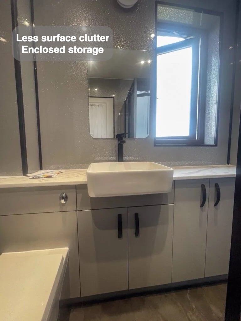 Everyday items have a home in the completed Mastrick, Aberdeen bathroom