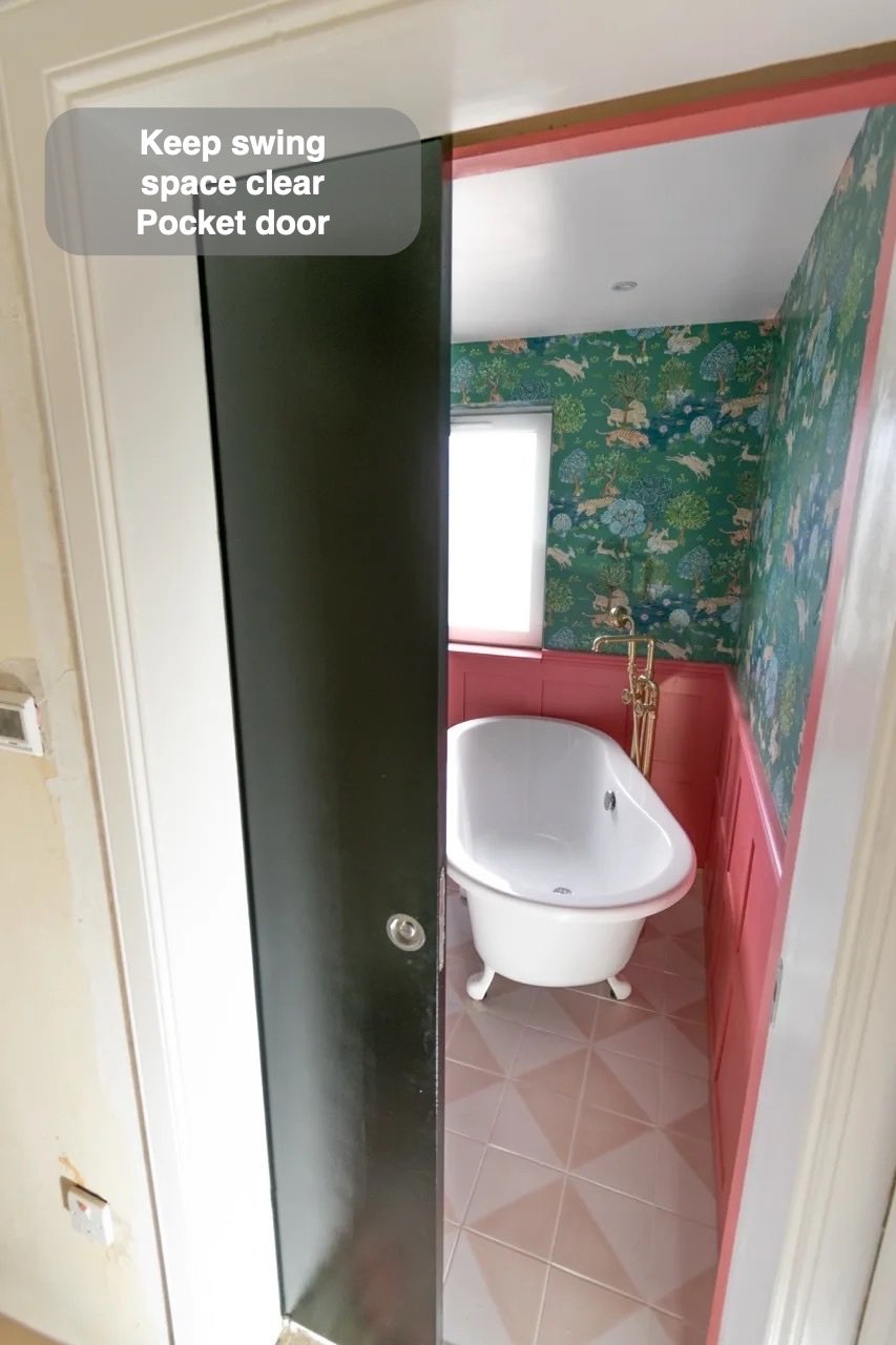 Keep door swing out of the room in the completed Northfield, Aberdeen bathroom