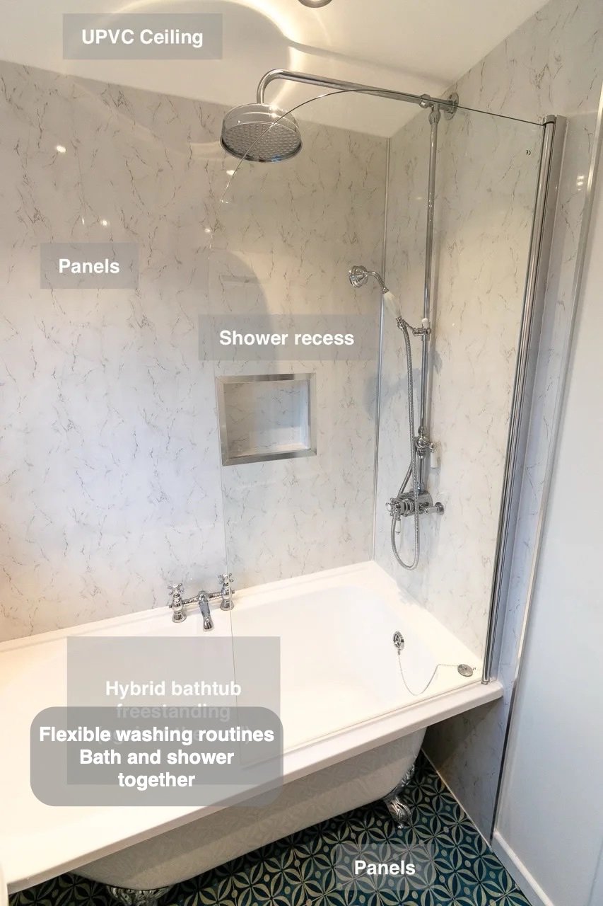 Bathing and showering together in the completed Woodside, Aberdeen bathroom