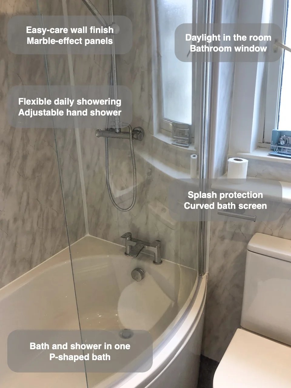 P-shaped bath and shower with practical feature callouts in Ferryhill, Aberdeen