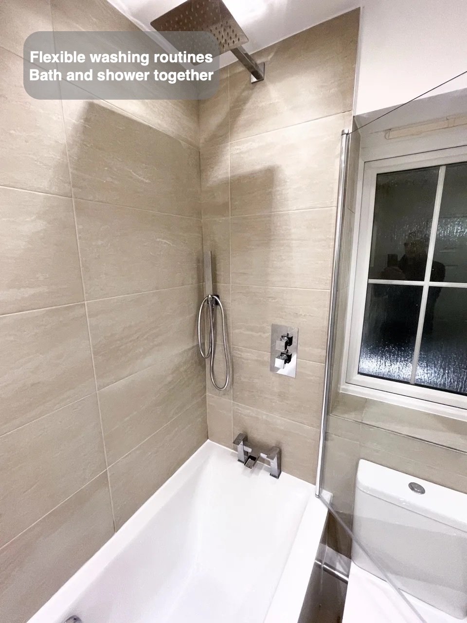Bathing and showering together in the completed Belhevie bathroom