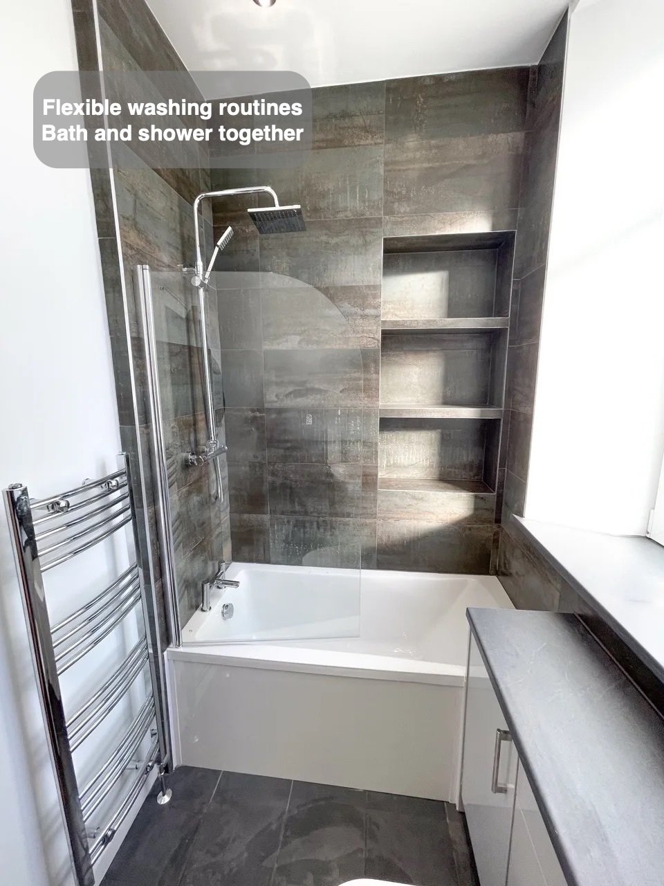 Bathing and showering together in the completed Holburn, Aberdeen bathroom