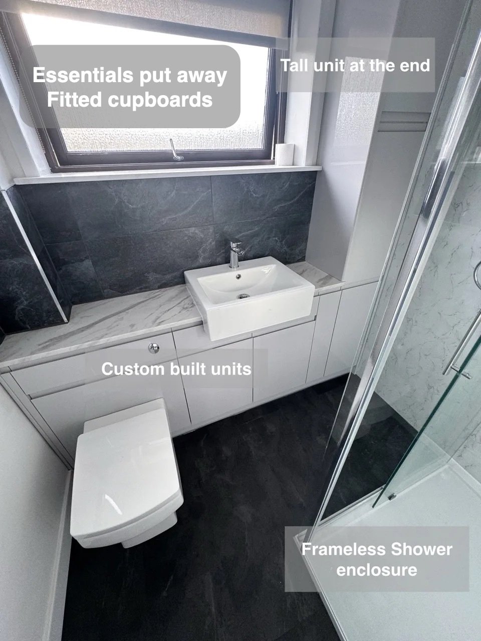 Supplies behind fitted doors in the completed Bucksburn bathroom