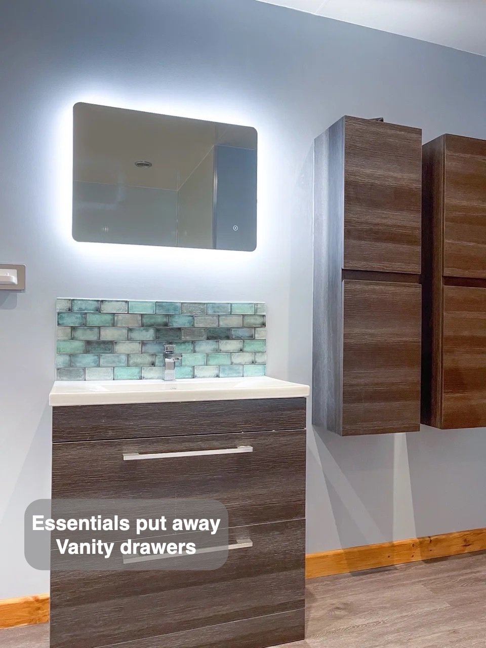 Storage close to the basin in the completed Stonehaven bathroom