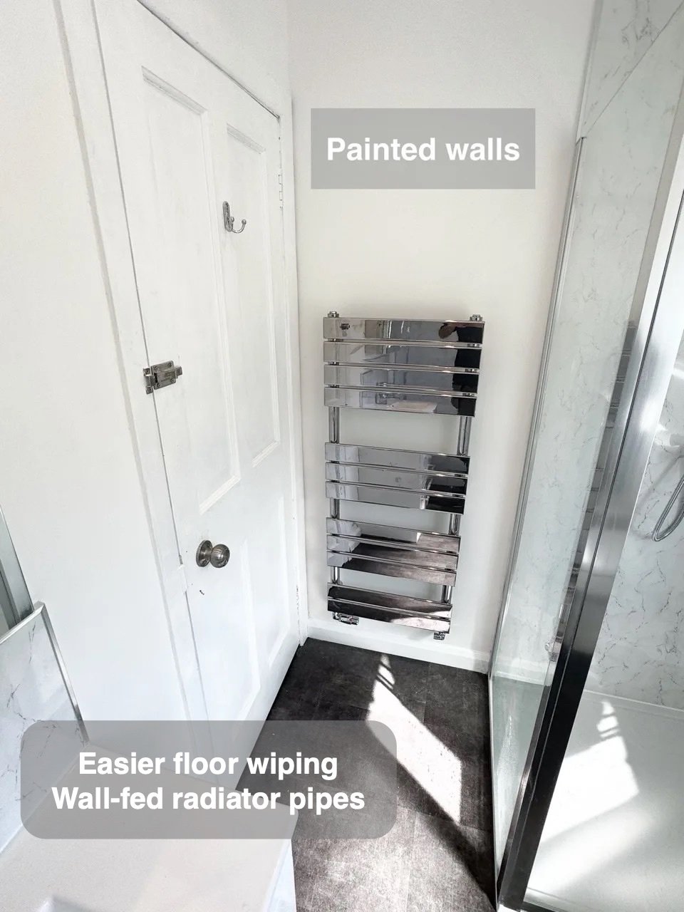 A clearer floor beneath the radiator in Ferryhill, Aberdeen bathroom
