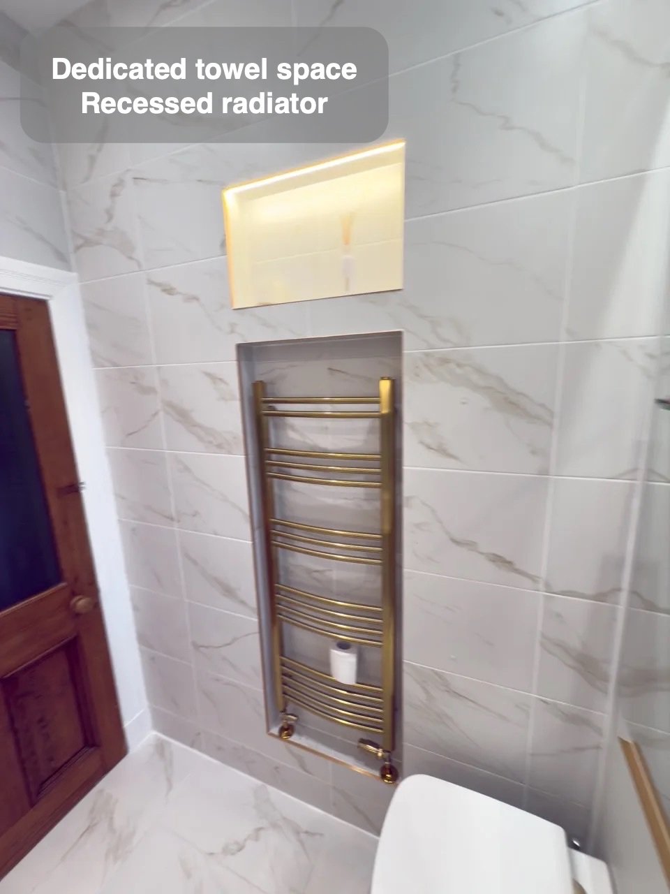 A place for towels in the completed Broomhill, Aberdeen bathroom