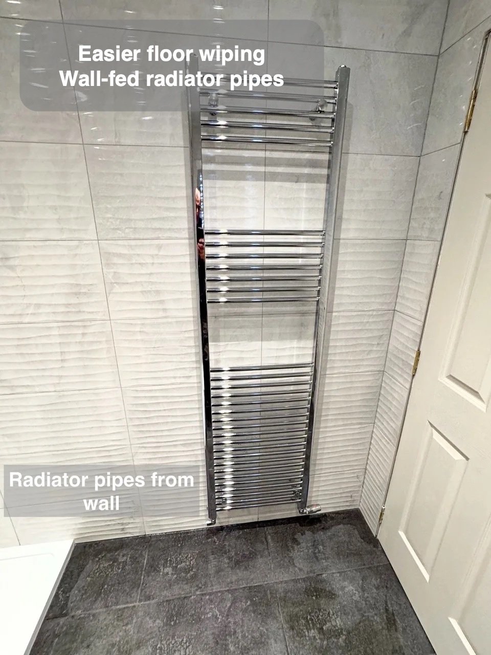 Tall radiator with wall-fed pipes
