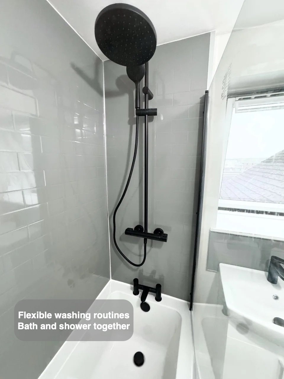 Bathing and showering together in the completed Newburgh bathroom