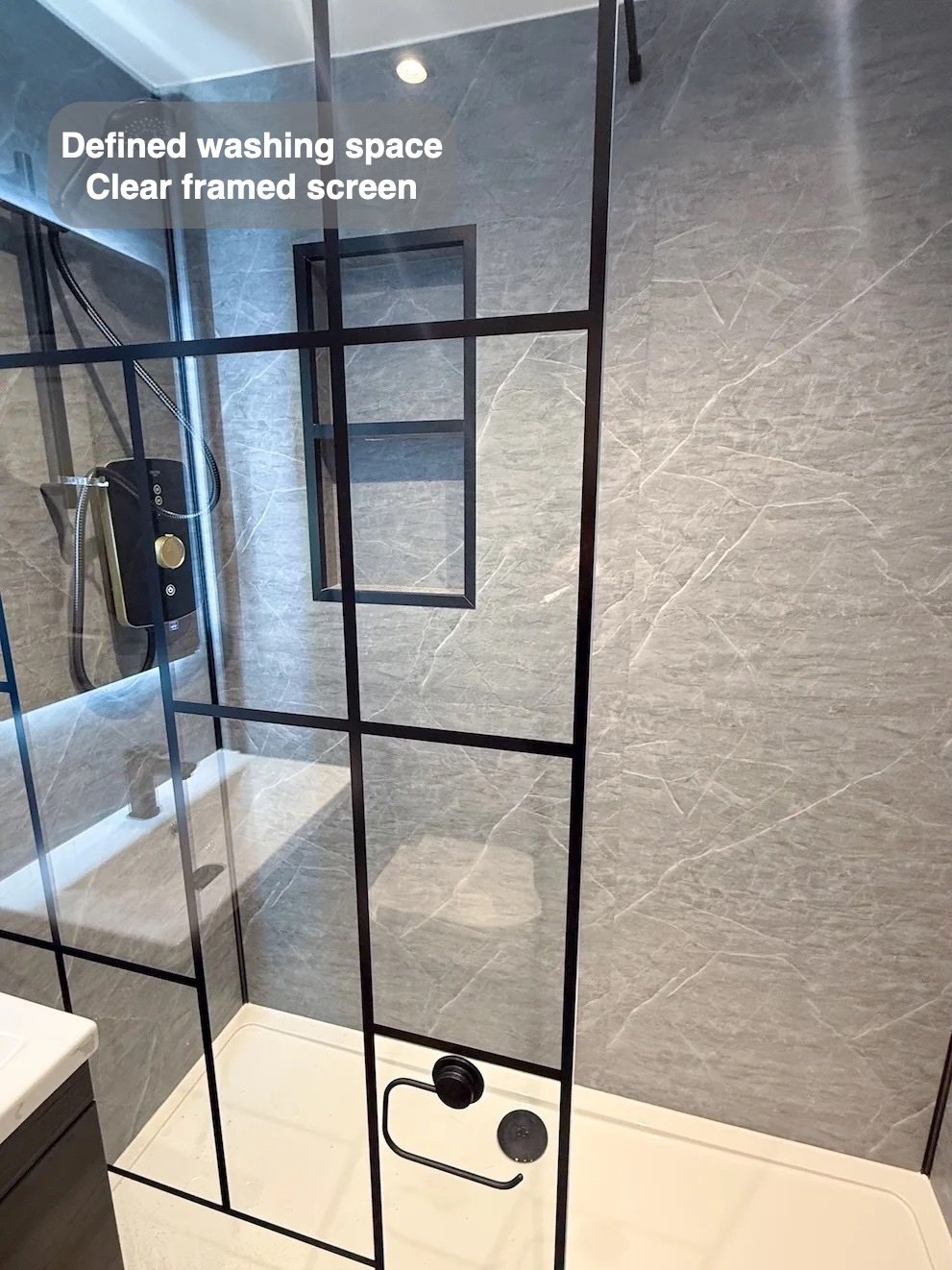 Shower and black-framed screen